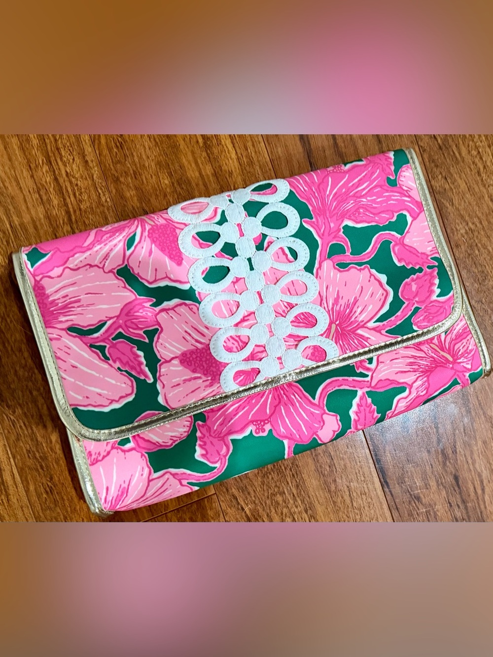 Lilly Pulitzer Pink & Green Floral Phone Case Wallet with Gold Trim